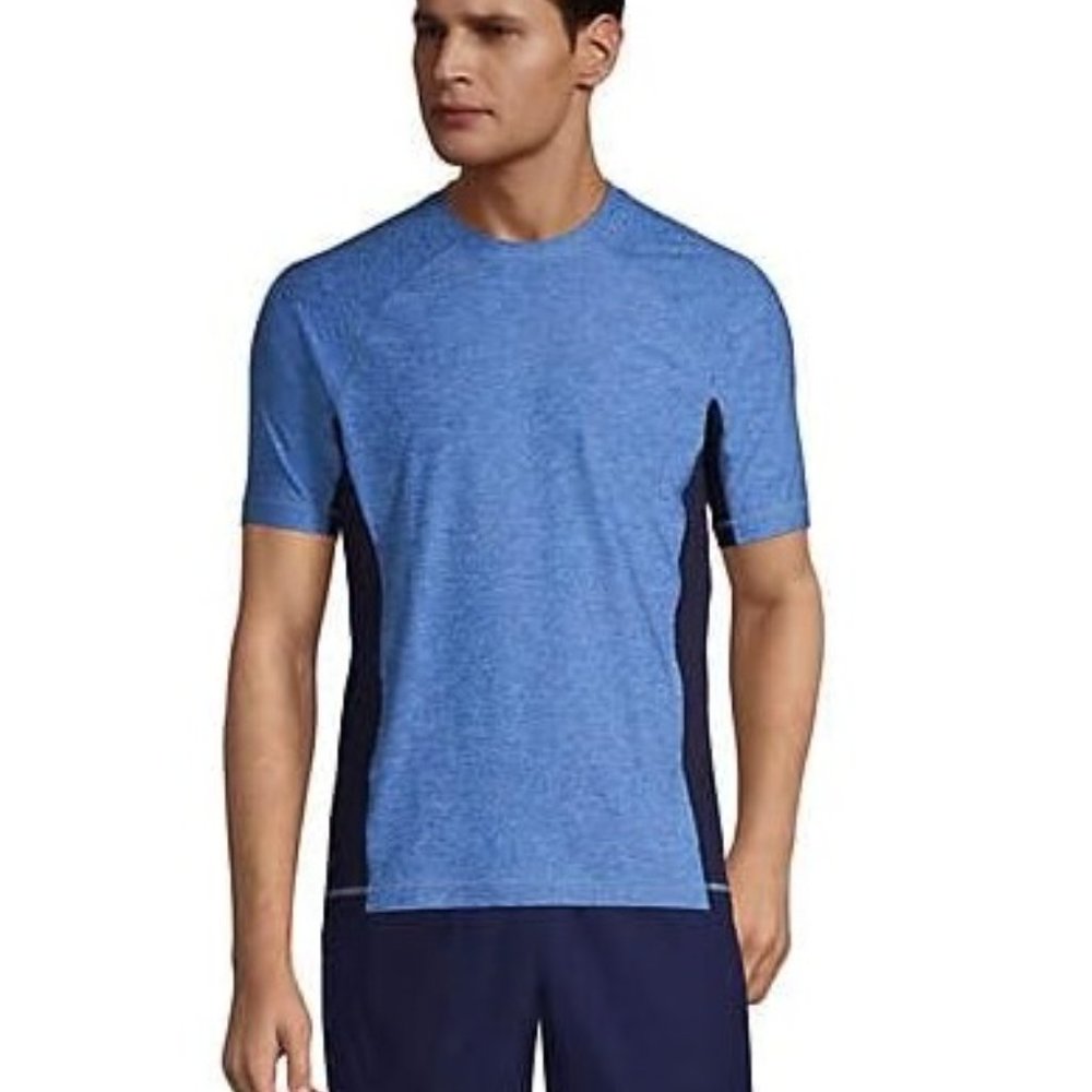 NWT Lands' End Men's Crew Neck Short Sleeve Rash Guard Blue UPF 50 L $60 Y346